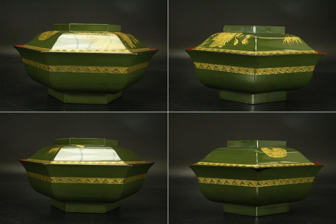 沈金 花紋 六角 蓋物(ZE496)