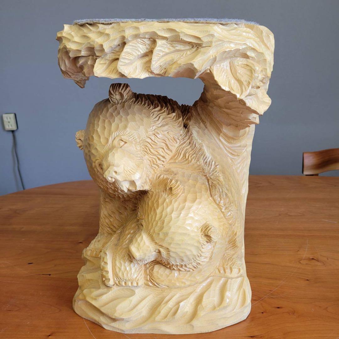 匿名発送】木彫りの熊 親子熊 木工品 工芸品 置物 熊2匹 電話