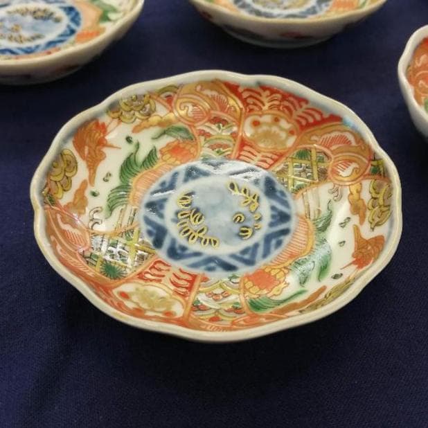 B_古伊万里 金襴手 鶴亀文　小皿５客