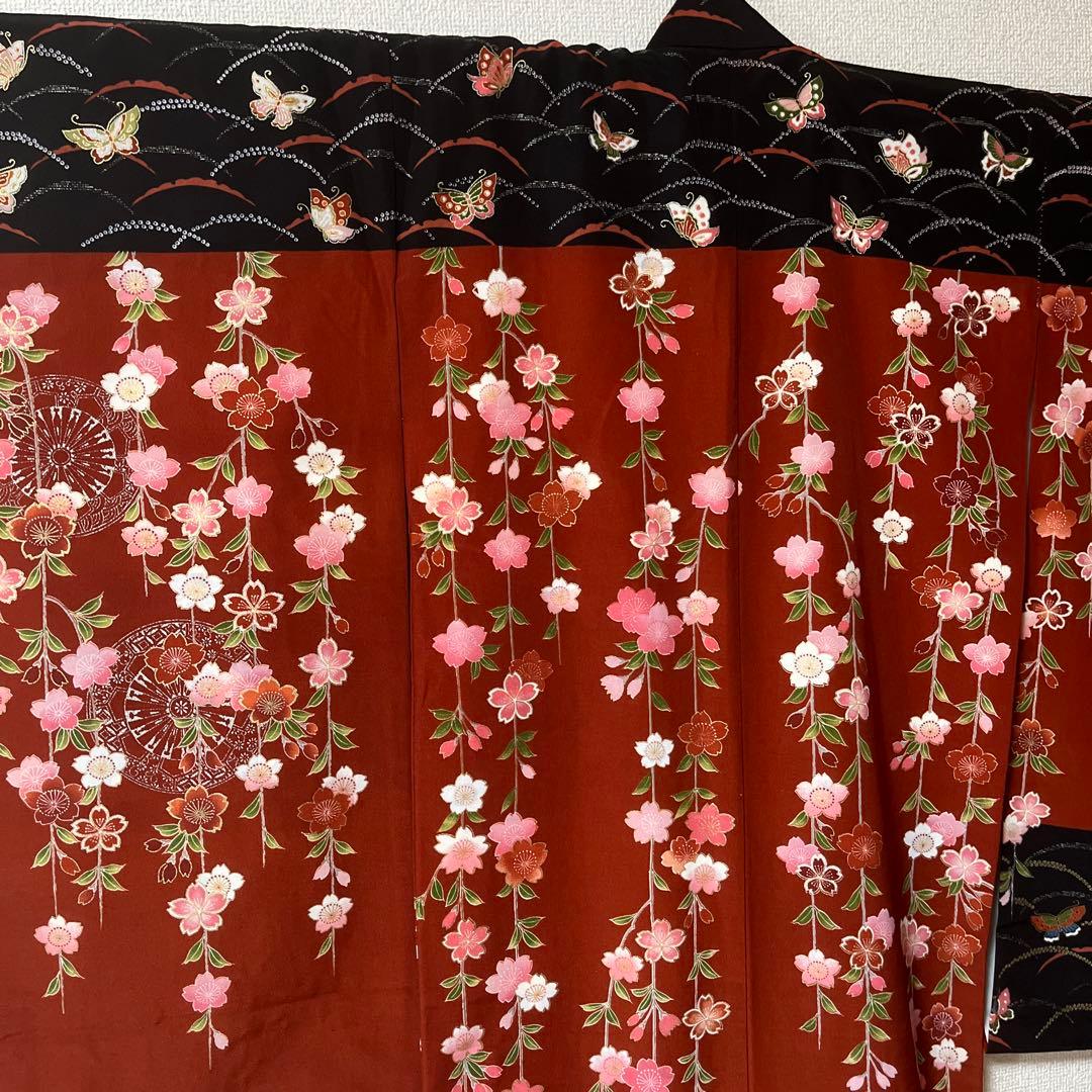 七五三　7歳　着物　黒　茶色　蝶々　アンティーク