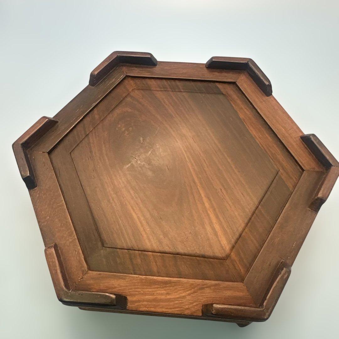 唐木 中国 灰皿 置物 アンティーク 青い鶴の陶器皿 六角形 木製フレーム付き