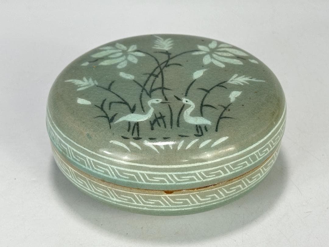 韓国美術 高麗青磁 黒白象嵌 花卉文 香合 時代 古物 朝鮮古陶磁 木工、竹