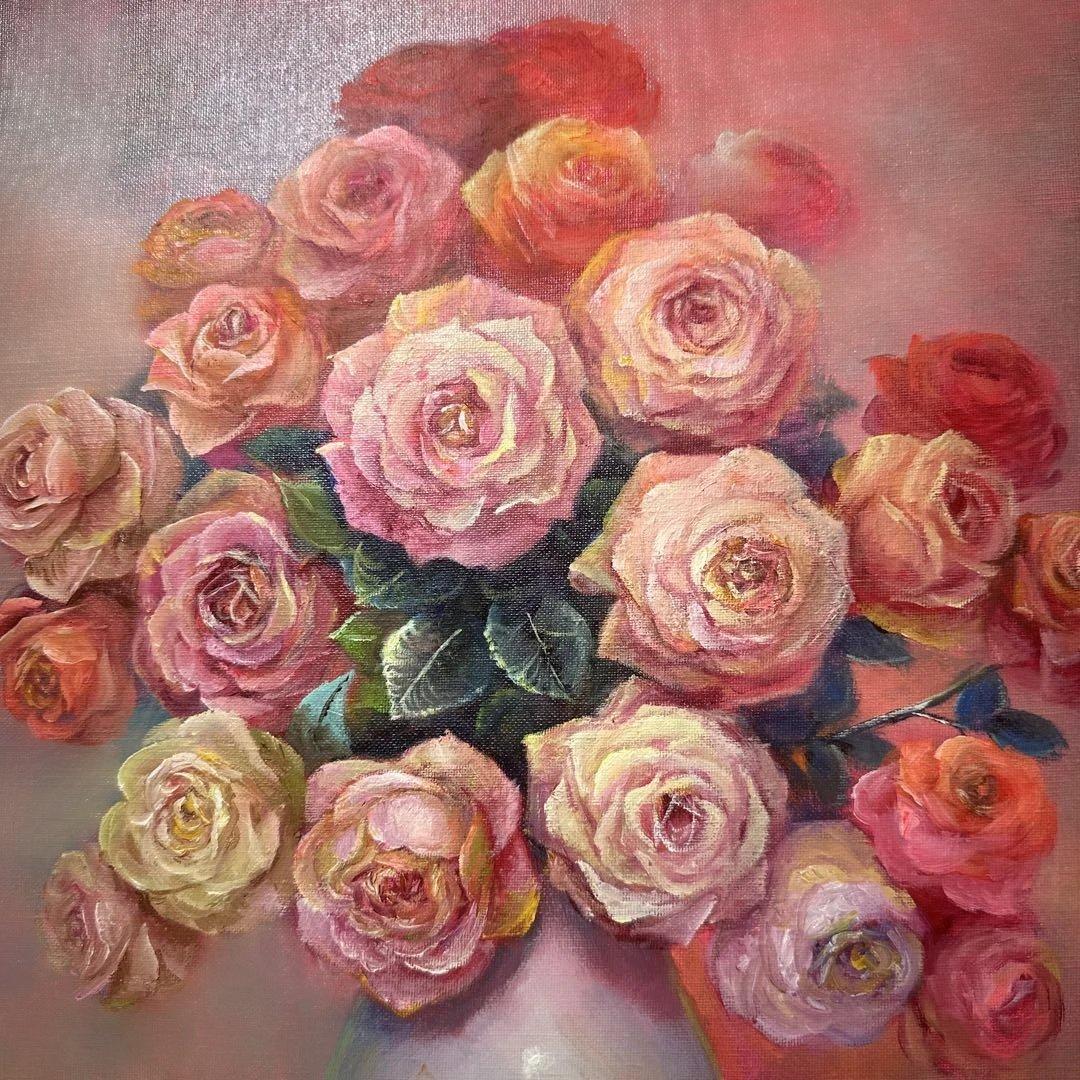 真作　肉筆　キャンバス油彩絵画　薔薇　静物画　新品額縁　インテリア　作家証明書付