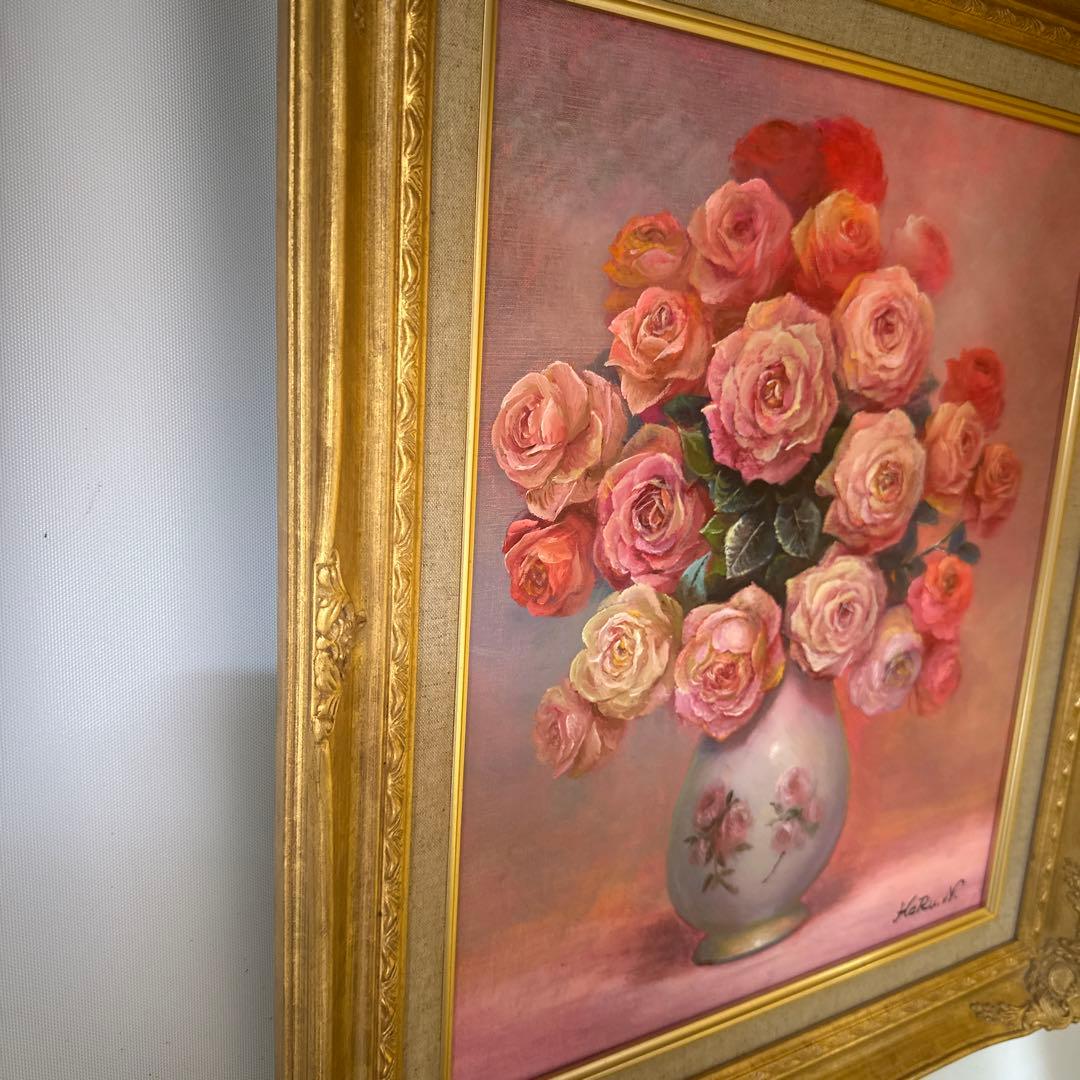 真作　肉筆　キャンバス油彩絵画　薔薇　静物画　新品額縁　インテリア　作家証明書付