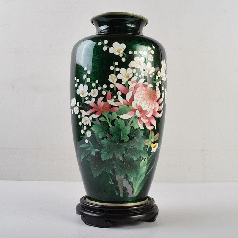 七宝焼 安藤七宝店 緑透釉 四君子文 花瓶 唐木台付 共箱 M