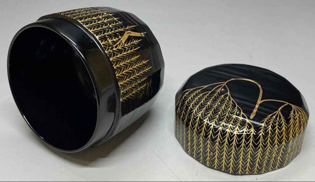 吉田一峰 認得斎好写 折撓柳蒔絵棗 四方桟共箱 栞