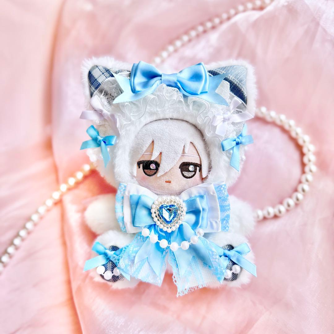 おすわりぬい服 水色チェックねこちゃん 11㎝〜15㎝ ちびぐるみ にじ