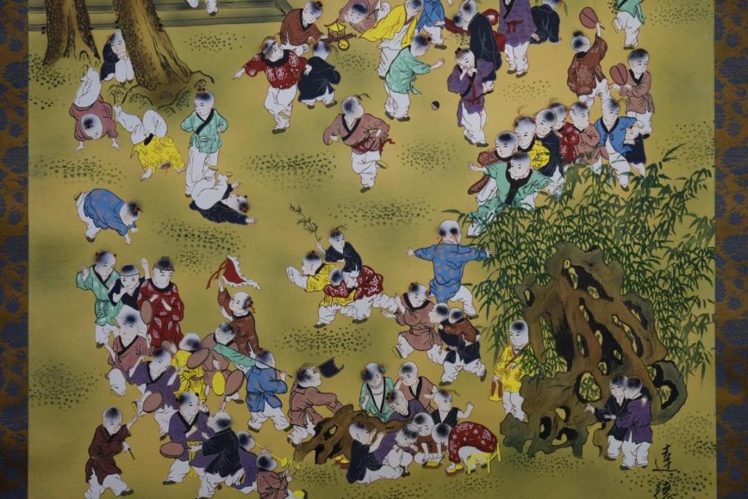 真作達徳/百唐子図/桐共箱付/布袋屋掛軸HD-777