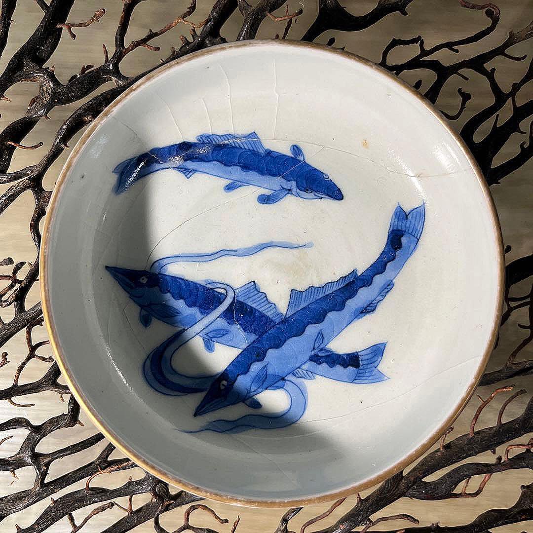 骨董　古伊万里　九谷　古染付　希少　鮎　遊魚　図案　豆皿　※難あり、参考品用
