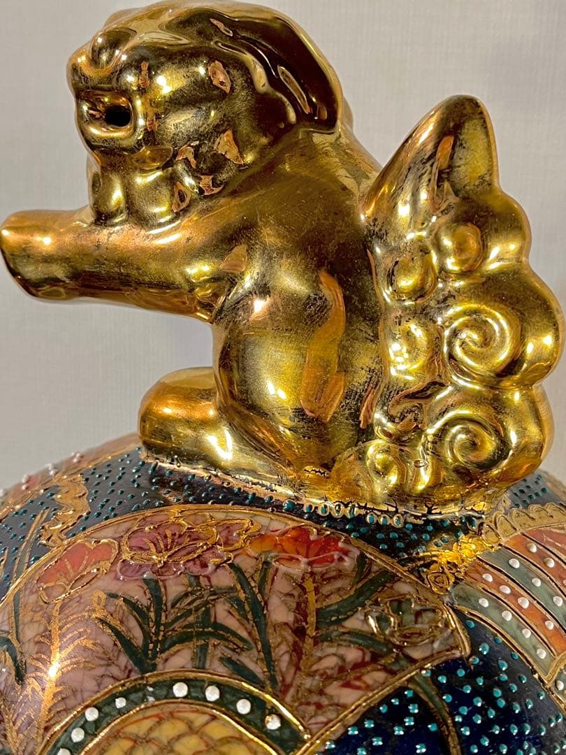 薩摩焼 特大三足香炉】金爛手 花詰図 金獅子 陶磁器 美術品
