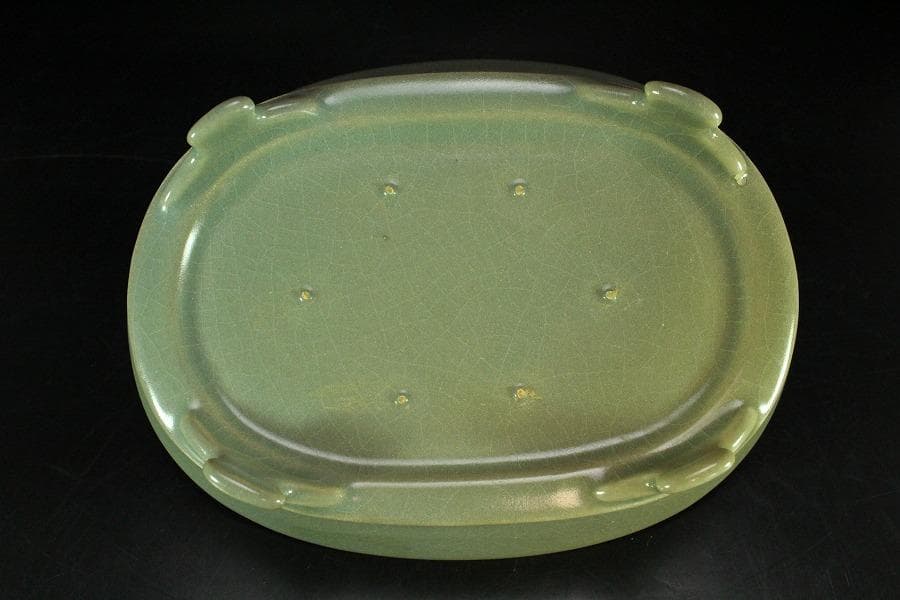 中国美術 青釉 楕円形 洗 碗 17.5cm(K-LC678)