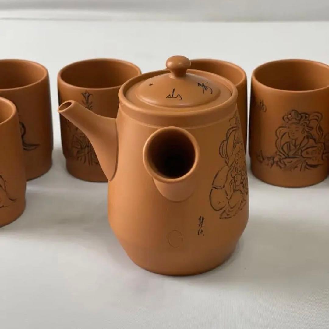 常滑焼　義叟作　伯宝彫り　七福神　急須　湯呑７点セット　茶器　煎茶道具