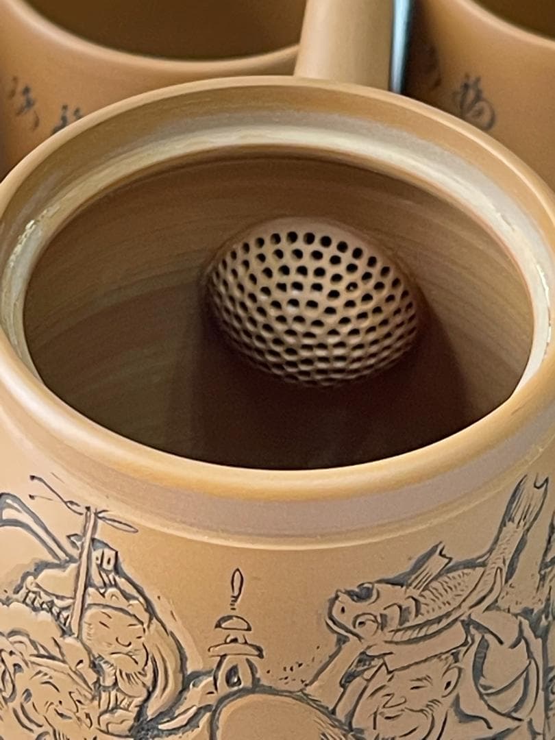 常滑焼　義叟作　伯宝彫り　七福神　急須　湯呑７点セット　茶器　煎茶道具