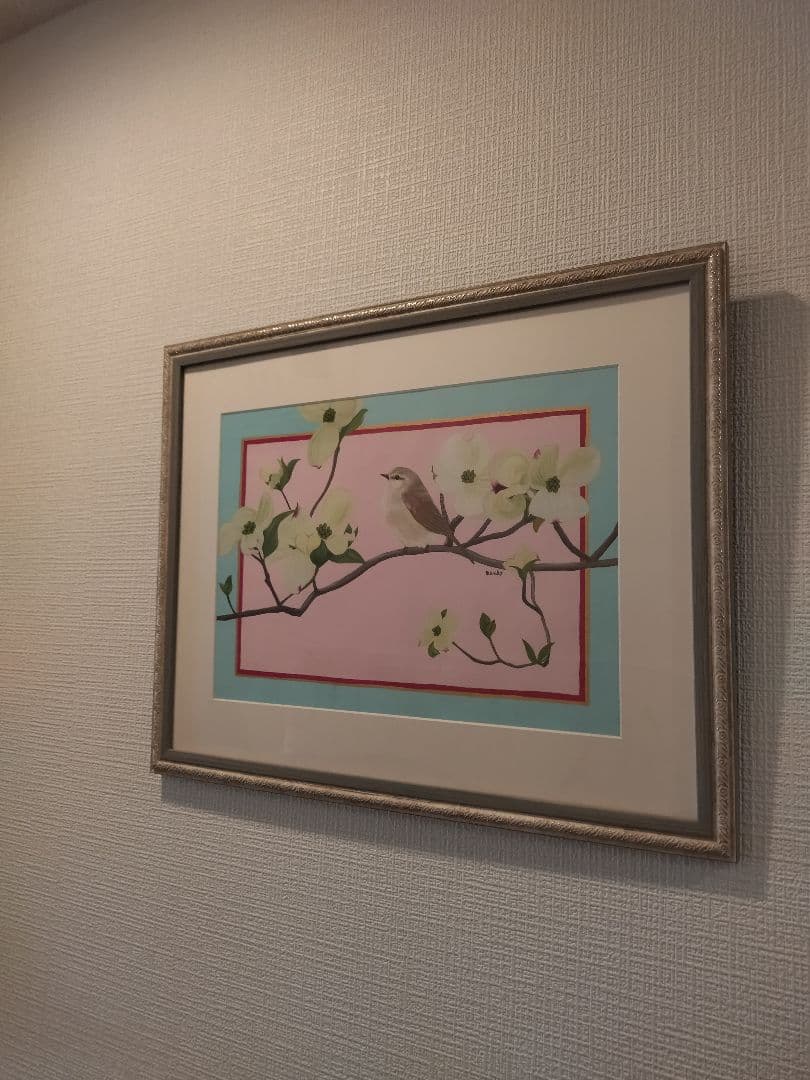 ウグイスとハナミズキ ガッシュ画