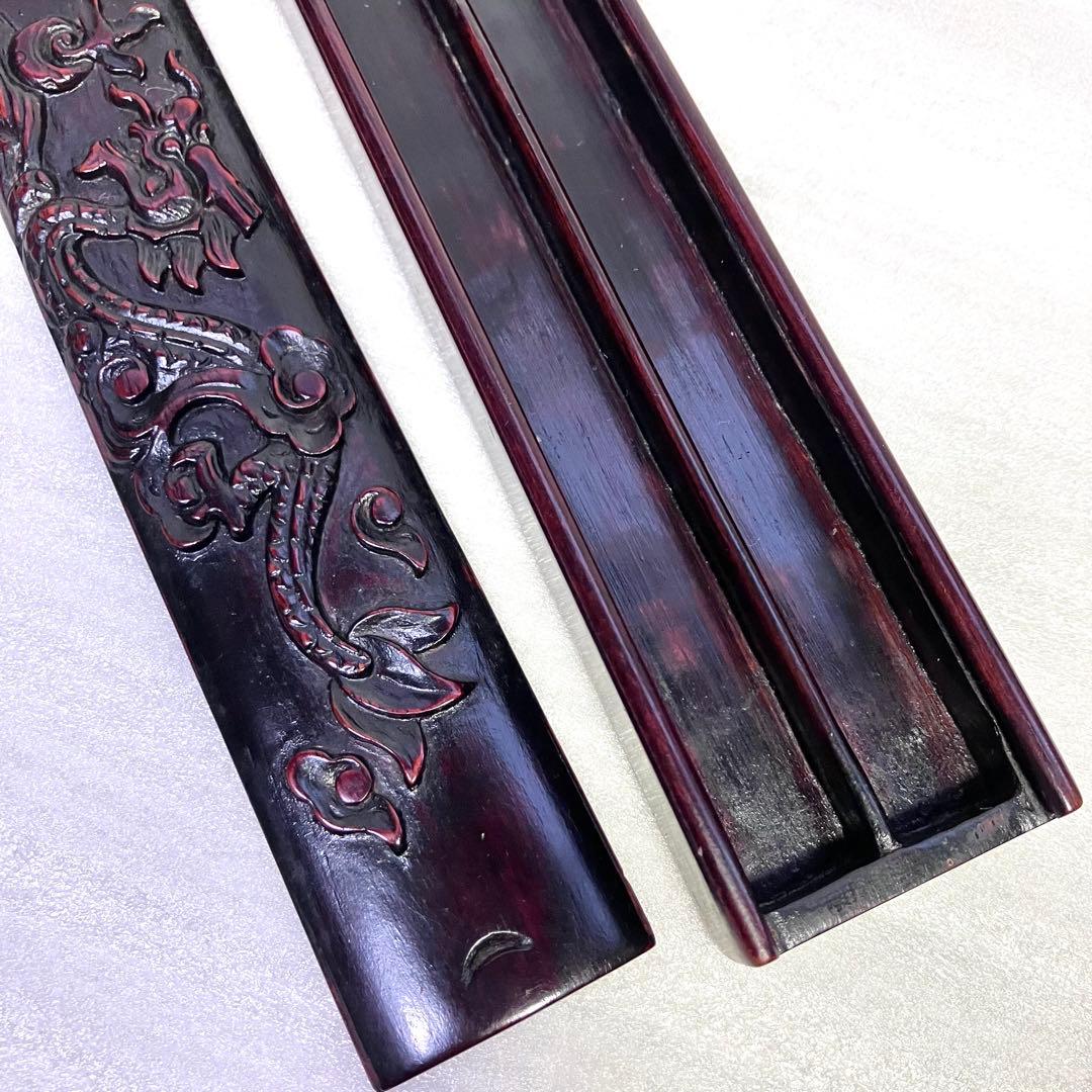 唐木　 天然木　箸箱　鳳凰龍紋様　一刀彫り　手彫り　手づくり箸箱セット 箸箱