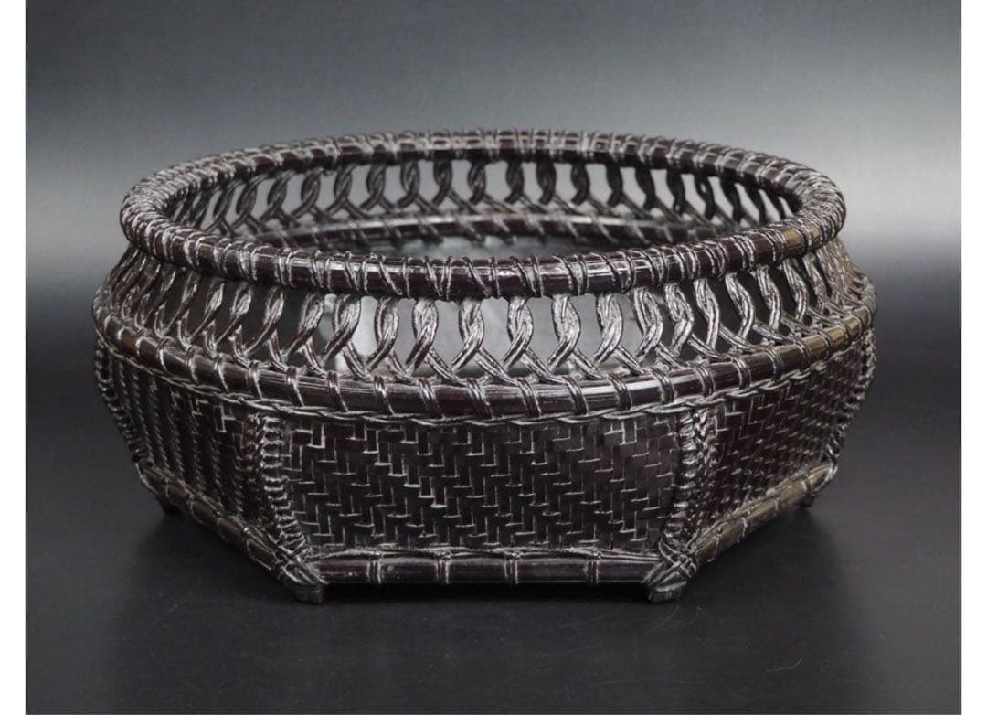 送料無料 篭師 和田鱗司作 六角唐物炭斗炭籠炭入 共箱 煎茶道具 未使用