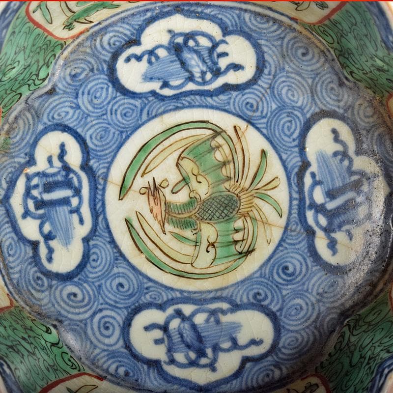 九谷焼　大聖寺伊万里　奇玉宝鼎之珍　色絵　木瓜形菓子鉢　時代箱付　V　R5037