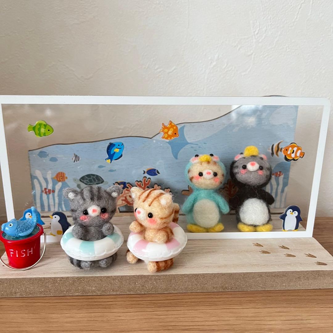 羊毛フェルト☆夏っぽい3人組(ブチ猫ちゃんxライトブルー)x他