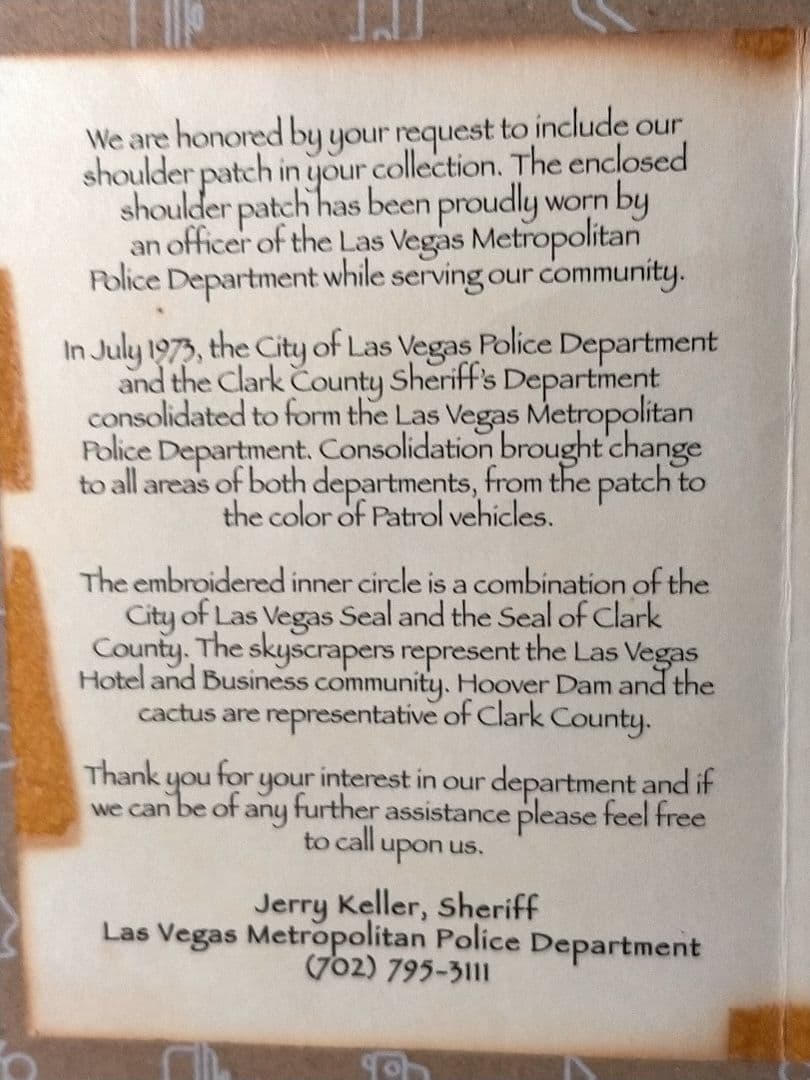 ☆ア❻。「アメリカ.ラスベガス市警察ワッペン…台紙付き」。