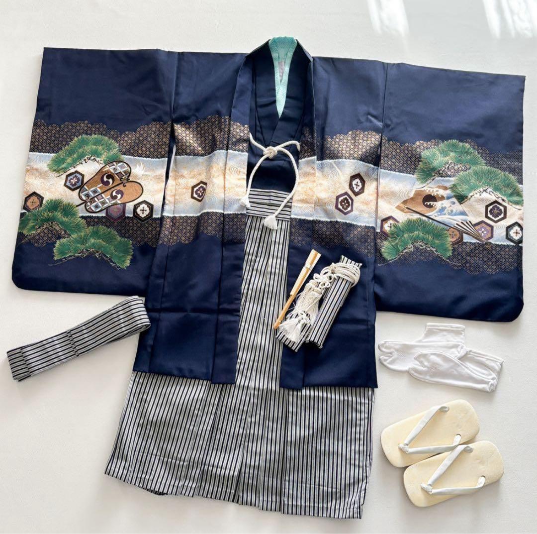 七五三　5歳　男の子　着物　羽織　袴　フルセット　兜　紺色　百日祝い