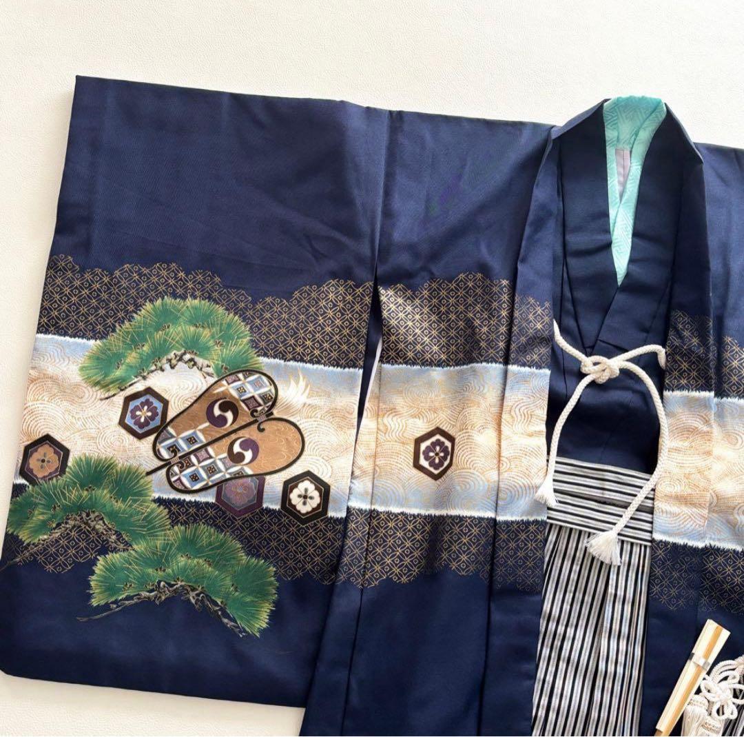 七五三　5歳　男の子　着物　羽織　袴　フルセット　兜　紺色　百日祝い