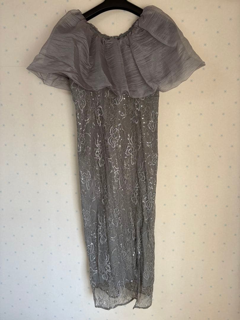 LEJA 2WAYオフショルダーパフスリーブスリットIラインロングドレス