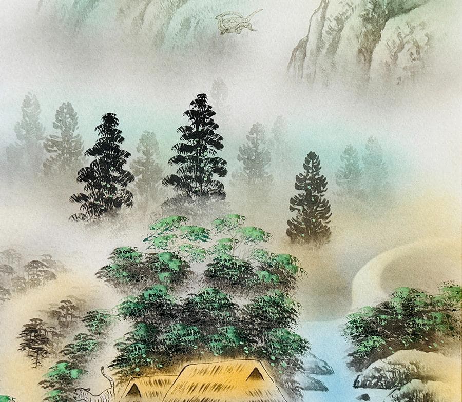 土田松月筆 四神守護山水 掛け軸 掛軸 肉筆 共箱 タトウ箱 縁起物日本画 神教