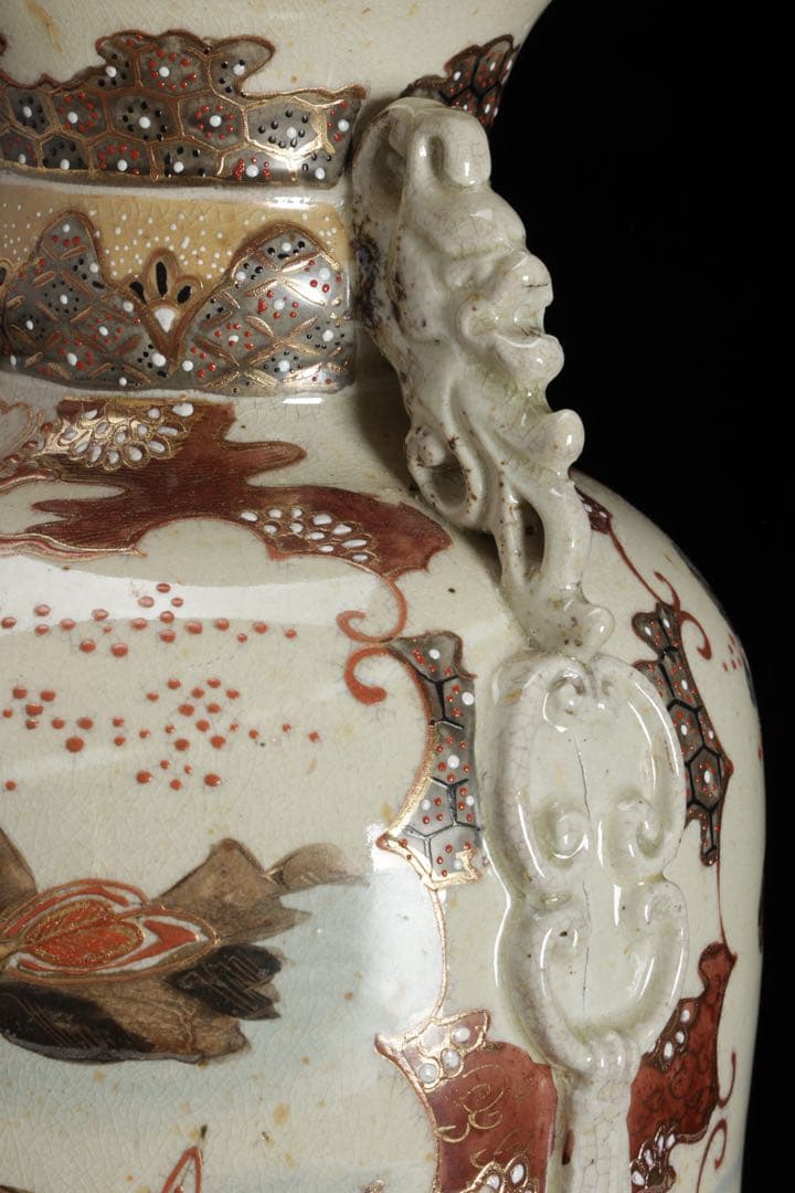 薩摩焼 金襴手色絵耳付武者図花瓶 共箱付 36.5㎝ 花器 飾壺 古美術 骨董品