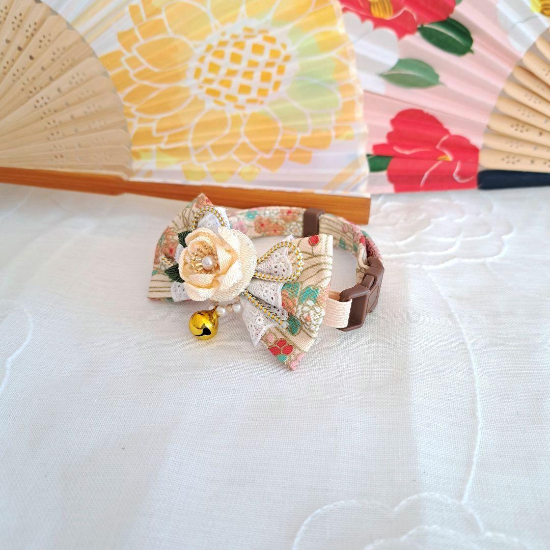 和風つまみ細工付き(黒②)わんちゃん猫ちゃん用襟つき首輪 和装まとめ