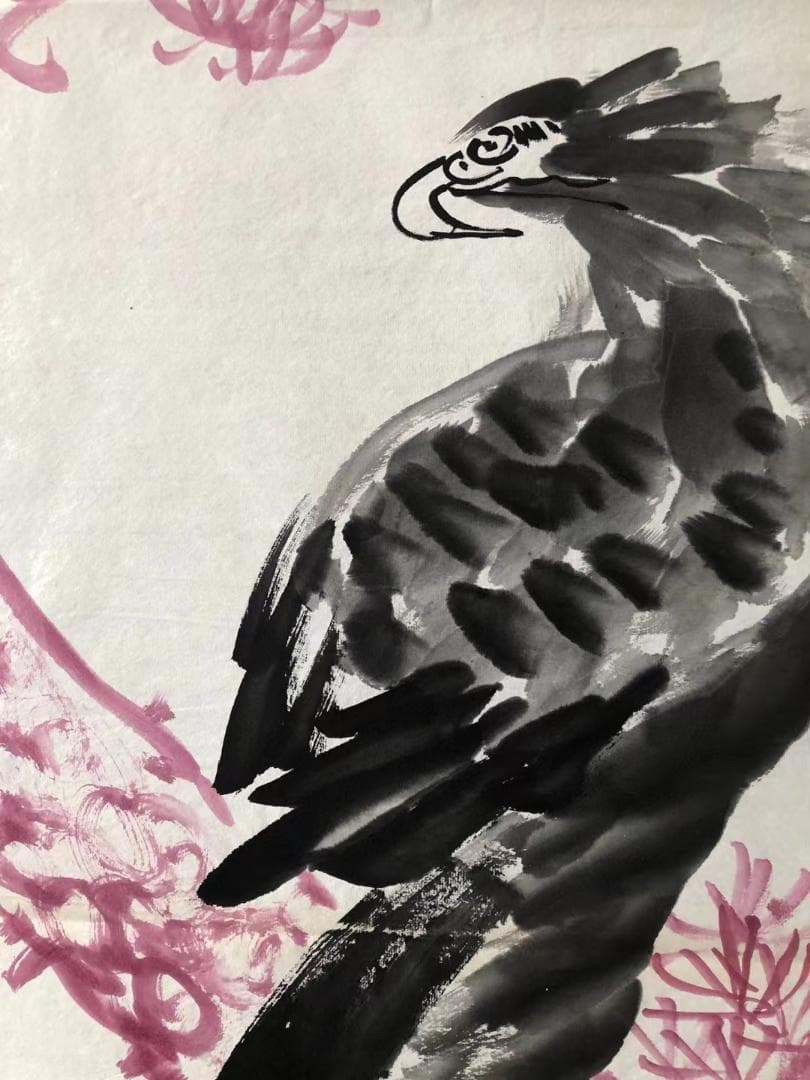 中国古美術・純手描き・四条屏・鹰画芯・国画・李苦禅印款・肉筆・宣紙・文房置物