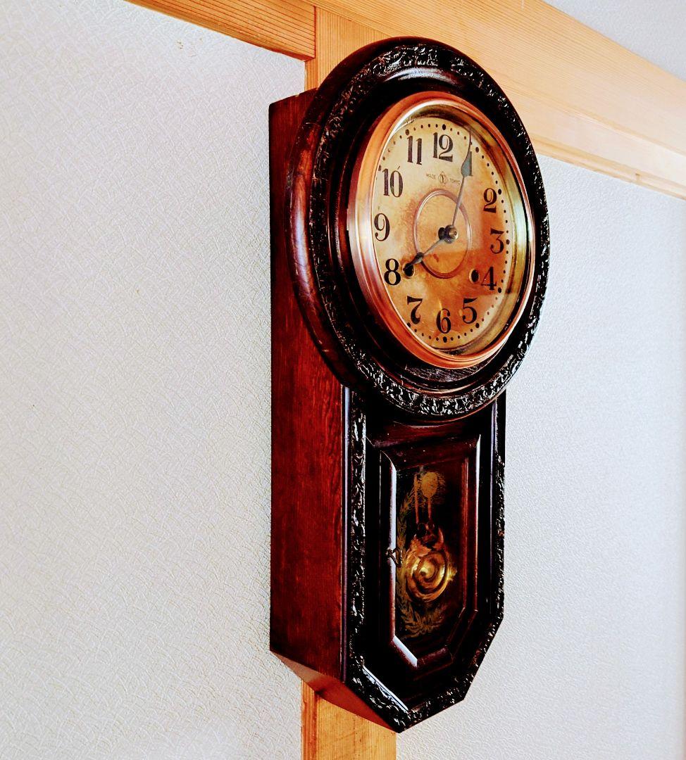 〈完動・美品〉地球印時計　装飾丸尾長ゼンマイ振り子時計 ボンボン時計　古時計