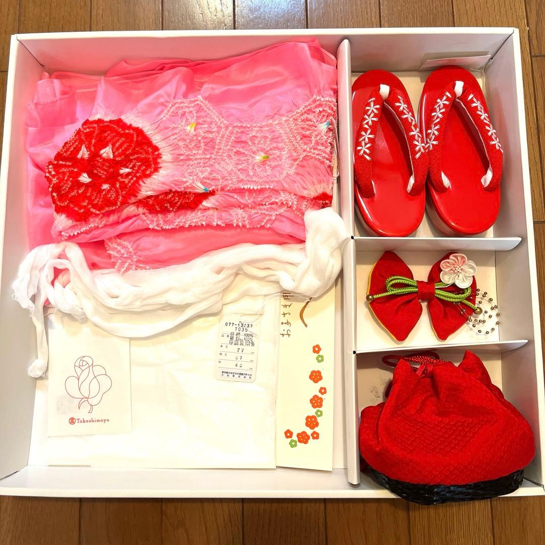 想美一　正絹　真紅　美品　絞り手描き七五三着物セット　3歳　白被布　日本製