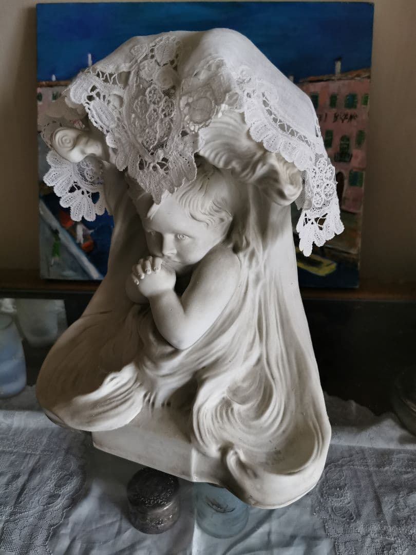 ブリュッセルレース＆アンティークフランス 大型素焼きビスク彫像塑像