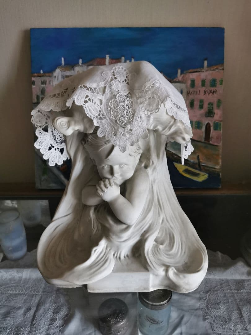 ブリュッセルレース＆アンティークフランス 大型素焼きビスク彫像塑像