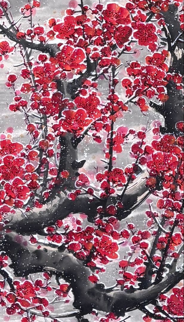 水墨画 掛軸 香遠 王画 中国 絵画 紅梅 梅 箱付 カラー