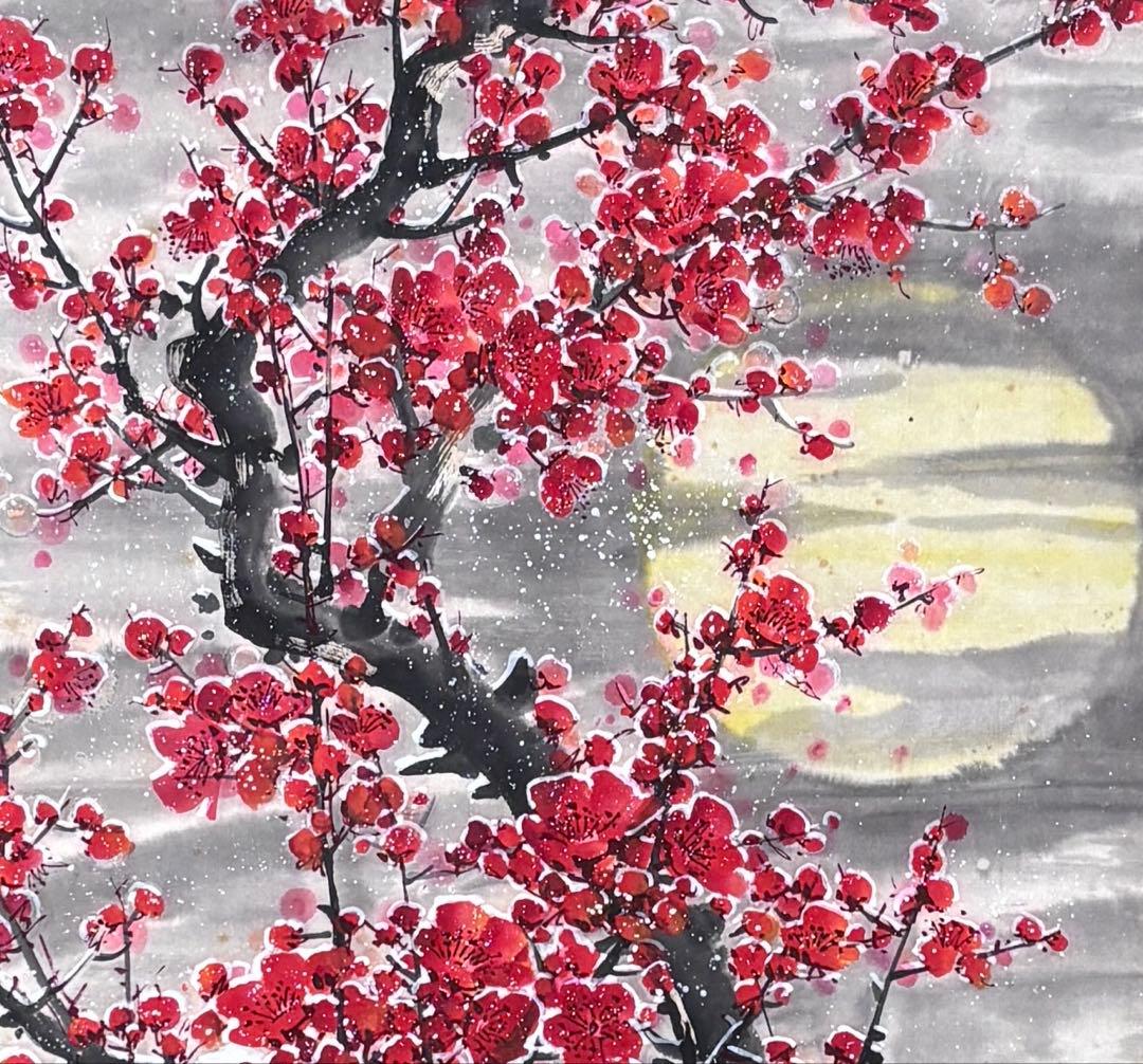 水墨画 掛軸 香遠 王画 中国 絵画 紅梅 梅 箱付 カラー