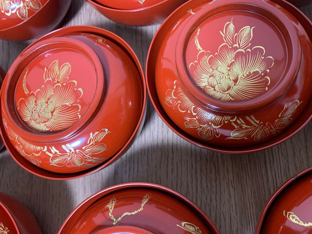 最終価格28日迄　輪島塗　沈金蒔絵木製吸物椀10客　時代物　牡丹と蝶々　未使用品