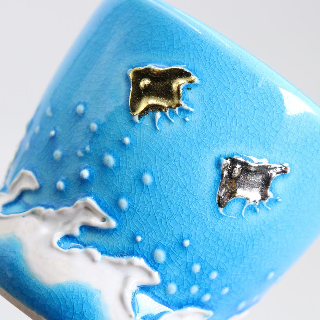 勝見永泉作 浅黄交趾焼 波千鳥 蓋置 茶道具 共箱共布 C866