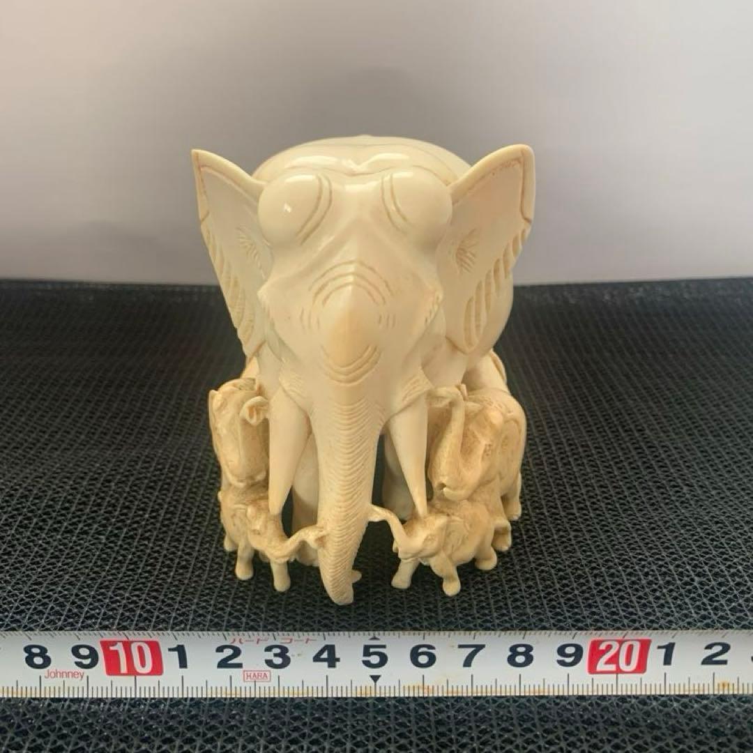 極上 親子象 置物 722g 細密彫刻 送料込み