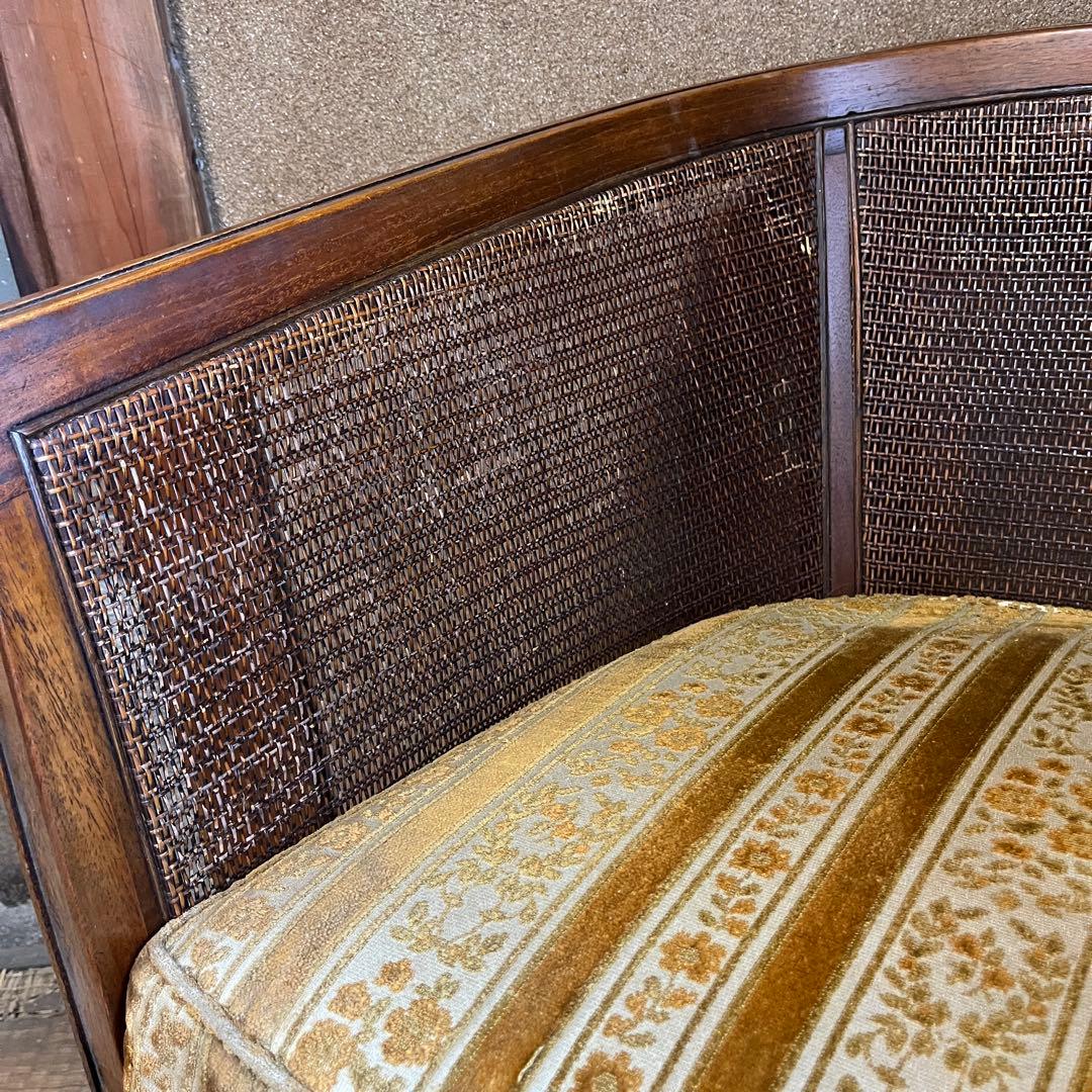 昭和レトロ 籐張り ラウンジチェア 1人掛け ゴールド系 イエロー系 ラタン