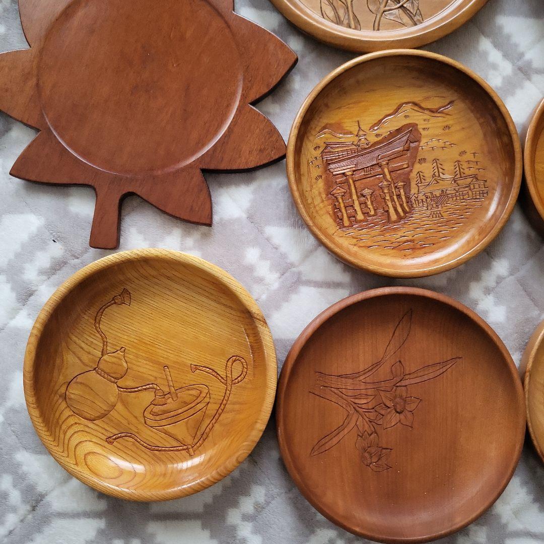 木製 彫刻盆 9枚セット お盆 宮島彫 お菓子 柿 駒 牡丹 レトロ 紅葉