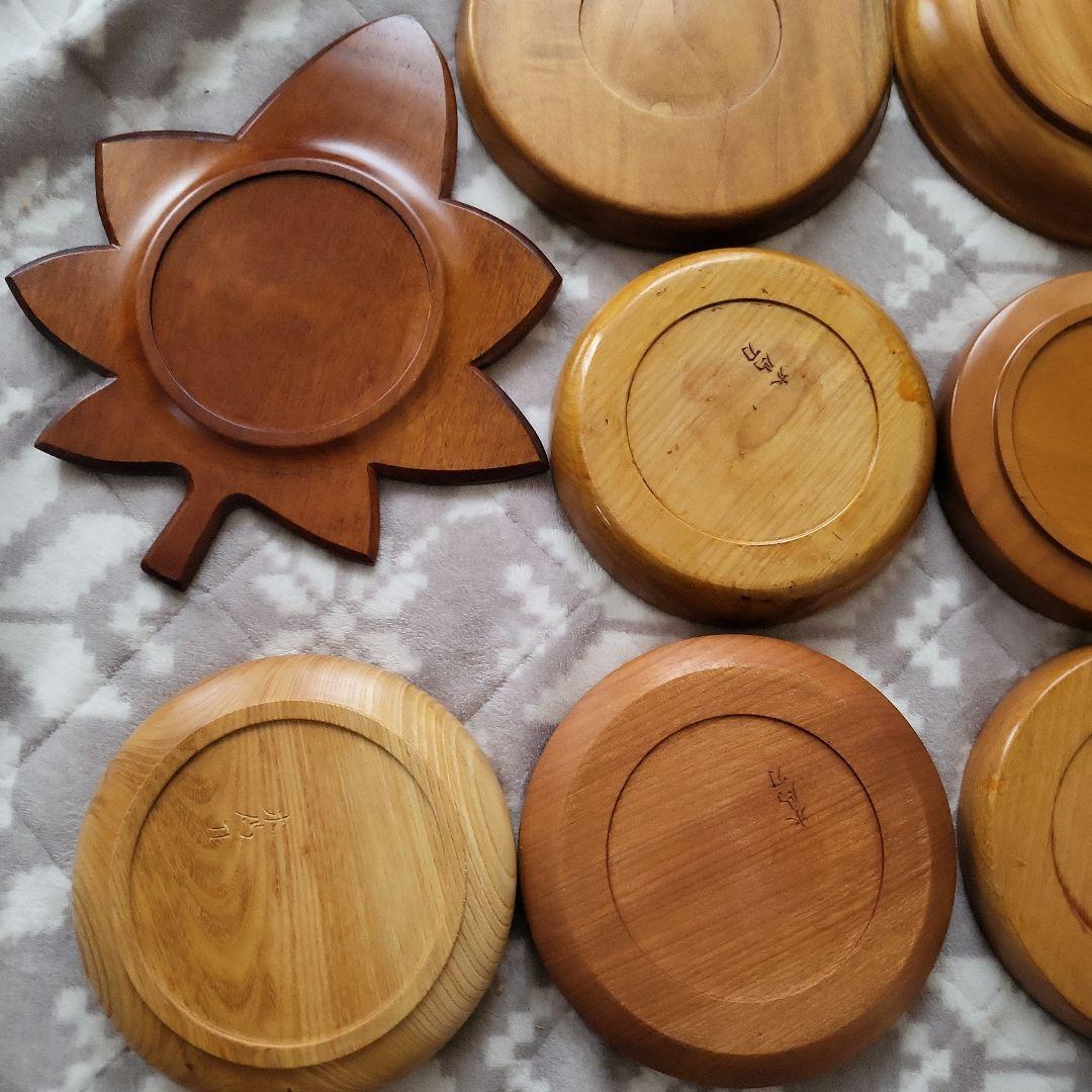 木製 彫刻盆 9枚セット お盆 宮島彫 お菓子 柿 駒 牡丹 レトロ 紅葉