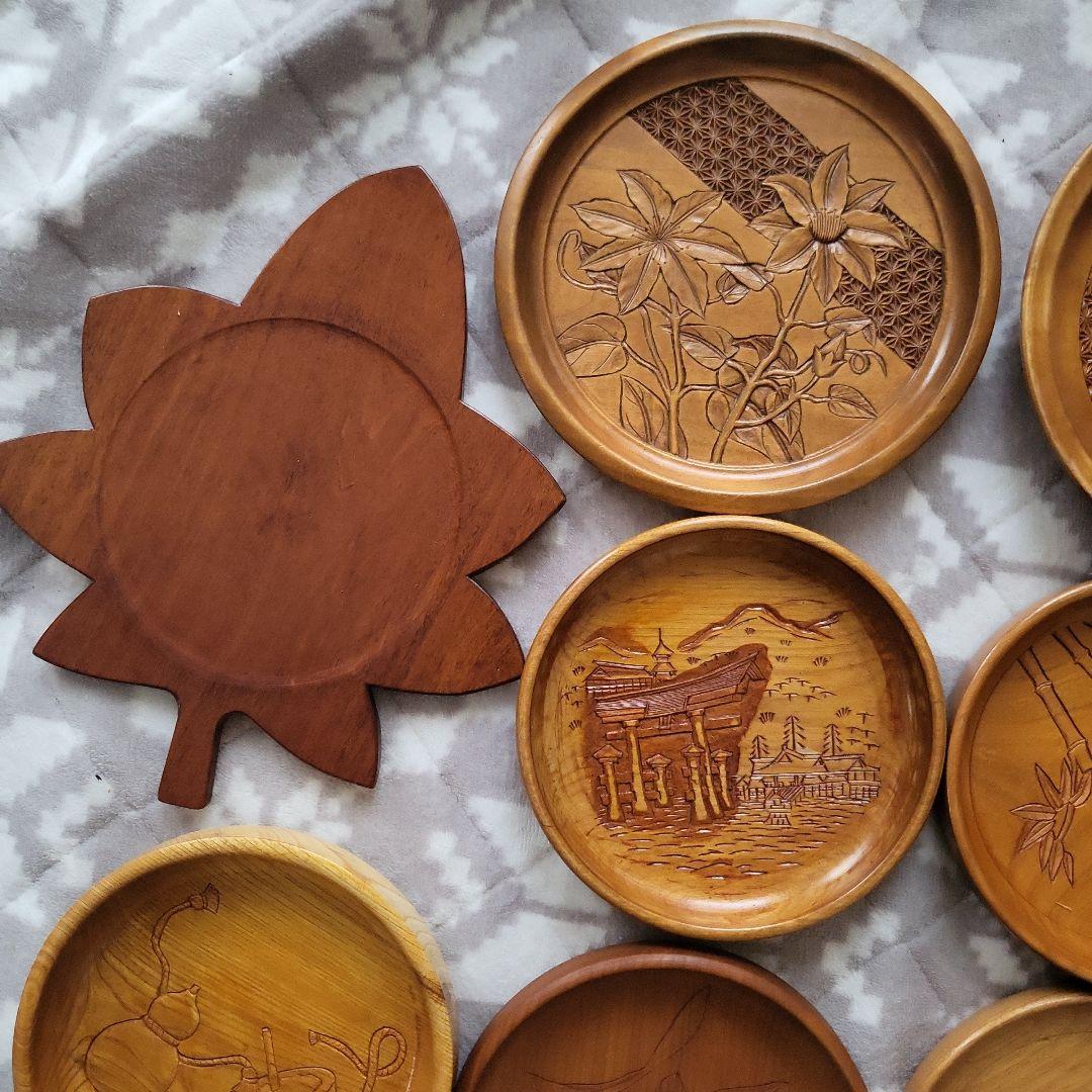 木製 彫刻盆 9枚セット お盆 宮島彫 お菓子 柿 駒 牡丹 レトロ 紅葉
