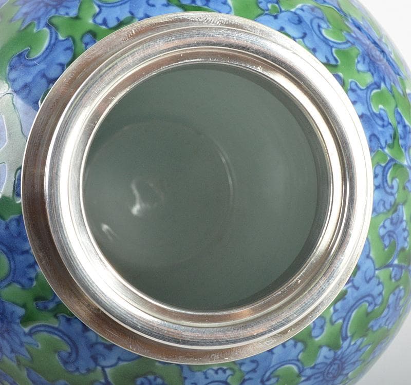 茶道具 有田焼 館林源右衛門 緑彩 唐草文 錫口 茶壺 共箱 F R4621