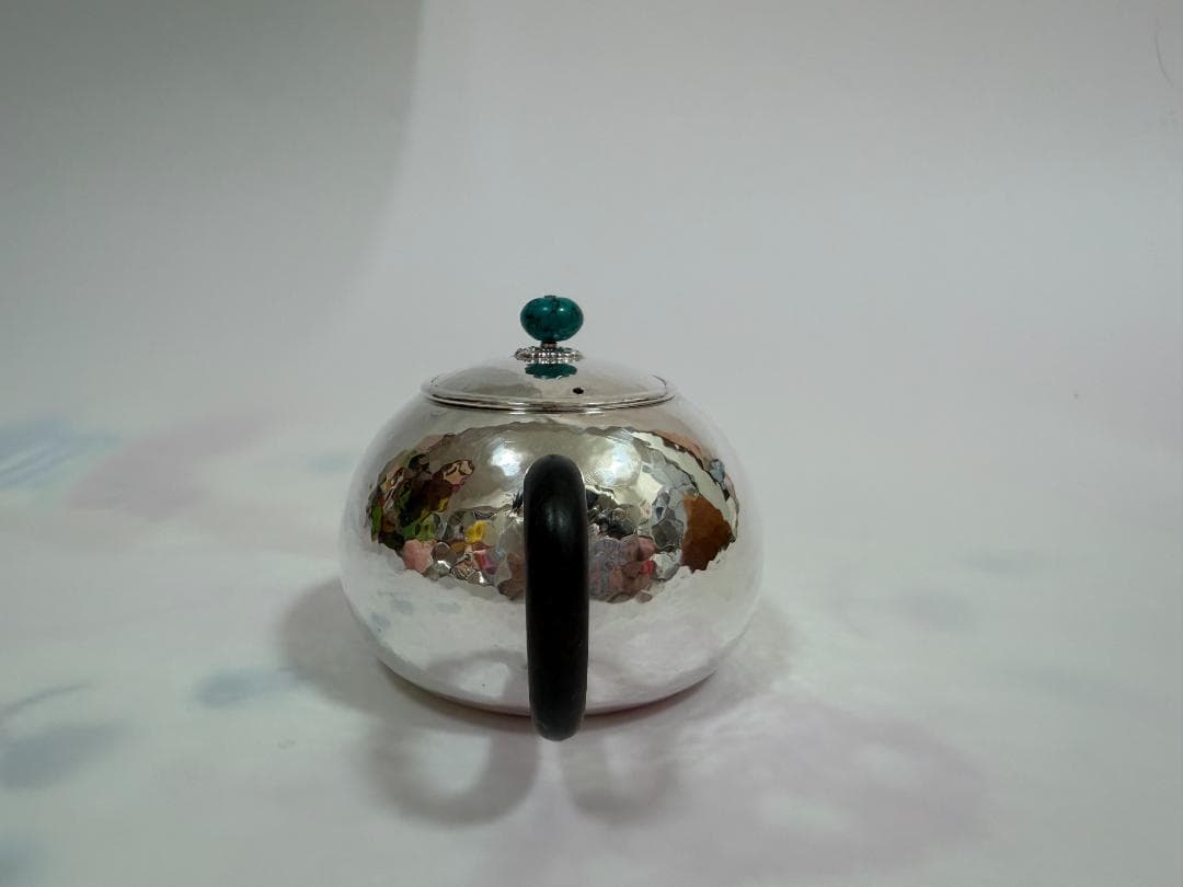 純銀製 丸形 鎚目 玉石摘 唐木手 急須 銀瓶 煎茶道具