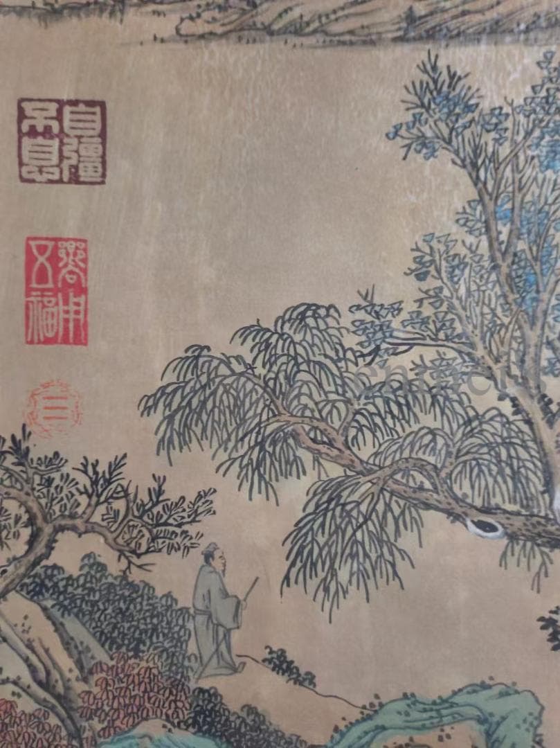 中国古美術・純手描き山水図掛軸・水墨画・文徴明印款・書道品・