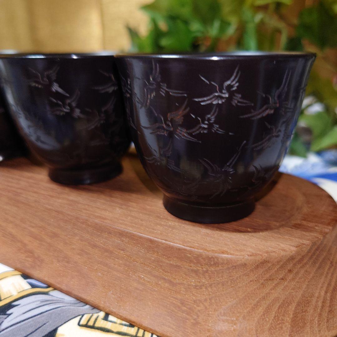 常滑焼 山田宝生作 細密彫 黒泥彫刻 千羽鶴文 煎茶碗 5客 美術品