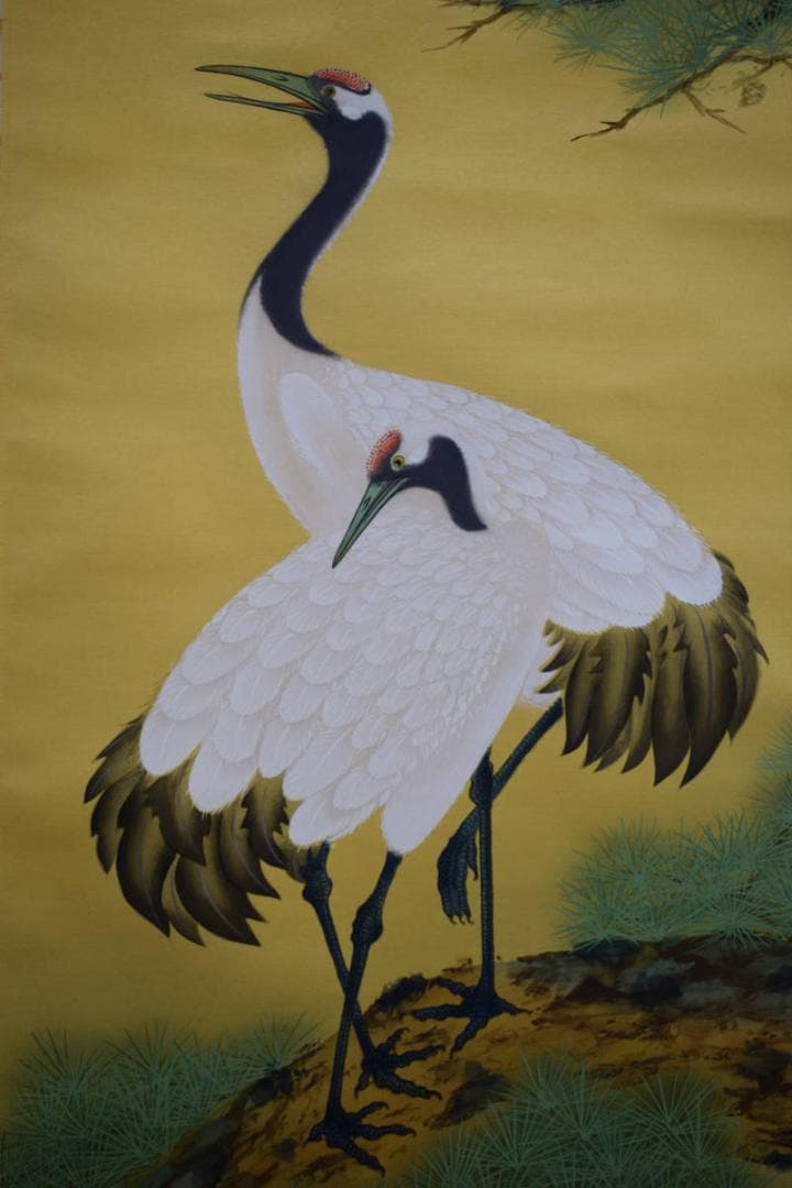 真作/國井道成/国井道成/旭日松上双鶴図/桐共箱付/