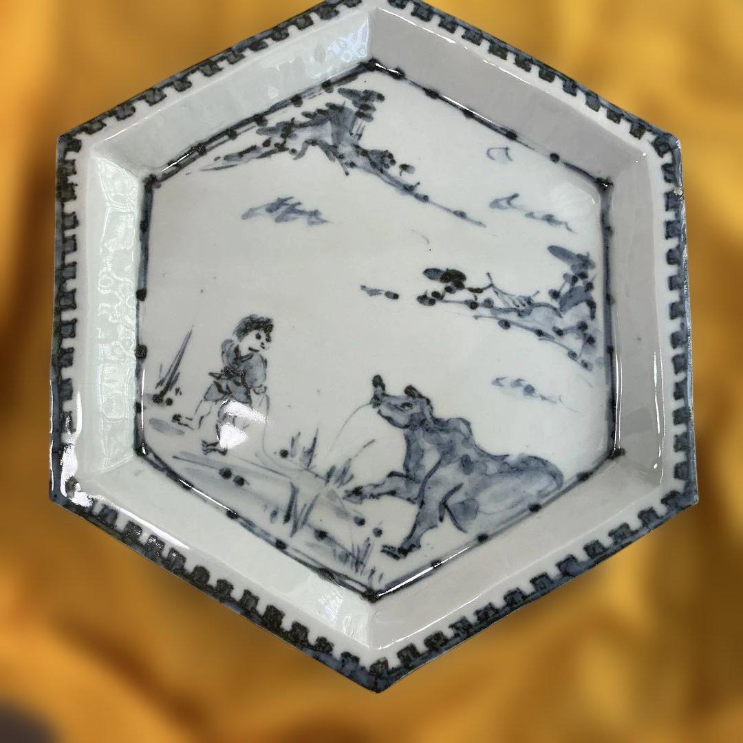 坪島土平　染付童牛絵六角鉢　廣永窯　美品　35cm