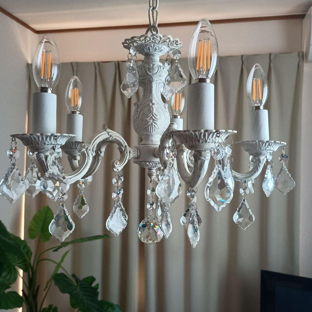 シャンデリア シャビーホワイト 5灯 LED電球付 クリスタルガラス 注意